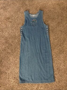 Embroidered Pocket Denim Jumper Dress - Light Blue